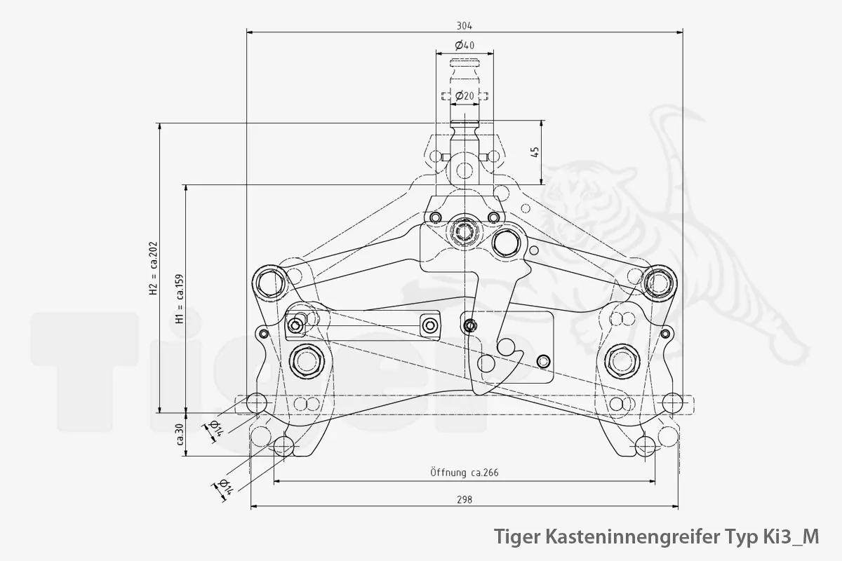 Technisches Bild von Kastengreifer Tiger zum Kran-Heben von Sichtlagerkästen aus Stahlblech Technisches Bild für tiger-kasten-innengreifer-typ-Ki3_M-zeichnung