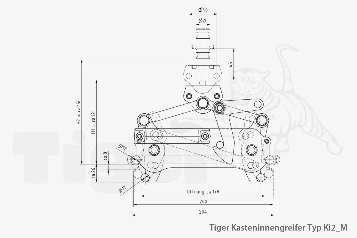 Technisches Bild von Kastengreifer Tiger zum Kran-Heben von Sichtlagerkästen aus Stahlblech Technisches Bild für tiger-kasten-innengreifer-typ-Ki2_M-zeichnung
