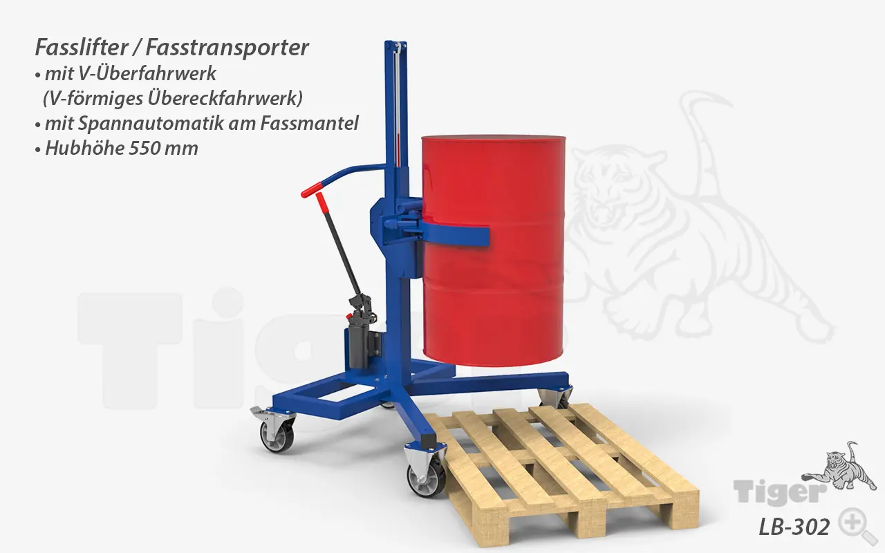 Produktbild von Fasslifter mit Spannautomatik und V-Übereckfahrwerk zum Heben und Verfahren von 200 l Stahlfässern fasstransporter-lifter-lb-302
