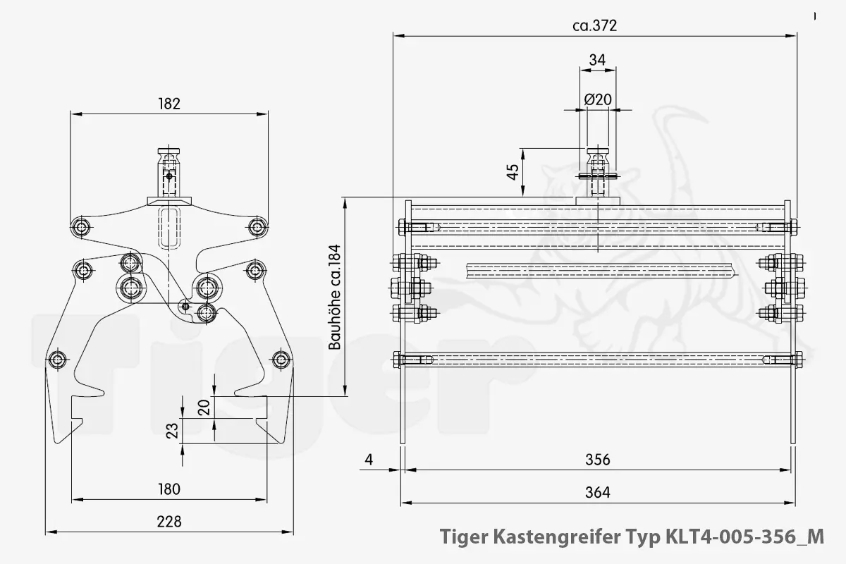 Technisches Bild von Kastengreifer mit Manu-Kuppler zum Kran-Transport von KLT-Behältern Technisches Bild für tiger-kastengreifer-typ-klt4-005-356_m-zeichnung