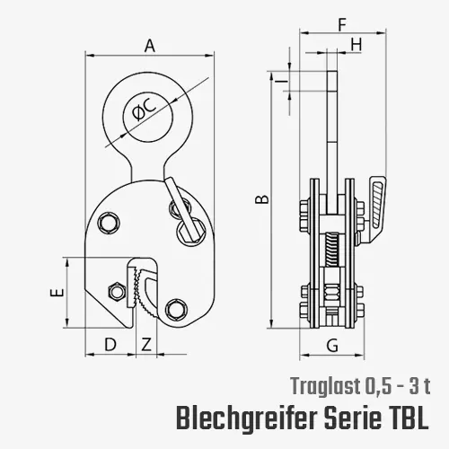 Technisches Bild von Tigrip Blechgreifer mit starrer Aufhängeöse zum senkrechten Heben von Blechen Technisches Bild für "tigerhebezeuge-blechgreifer-blechklemmen-hebeklemmen-tigrip-serie-TBL-0,5-3t-zeichnung