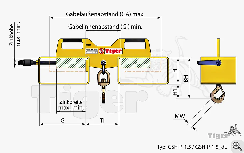Technisches Bild von Tiger Stapler-Haken mit Lasthaken für Pratzenstapler und Hochubwagen Technisches Bild für staplerhaken-gsh-p-gabelzinken-doppelt-zeichnung