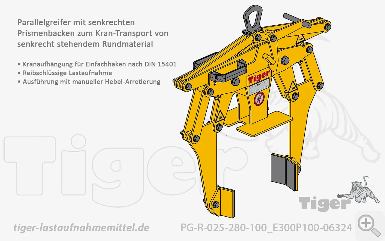 Produktbild von Tiger Sonder-Parallelgreifer mit senkrechten Prismenbacken
zum Kranen von stehendem Rundmaterial parallelgreifer-pg-r-025-280-100-e300p100-06324