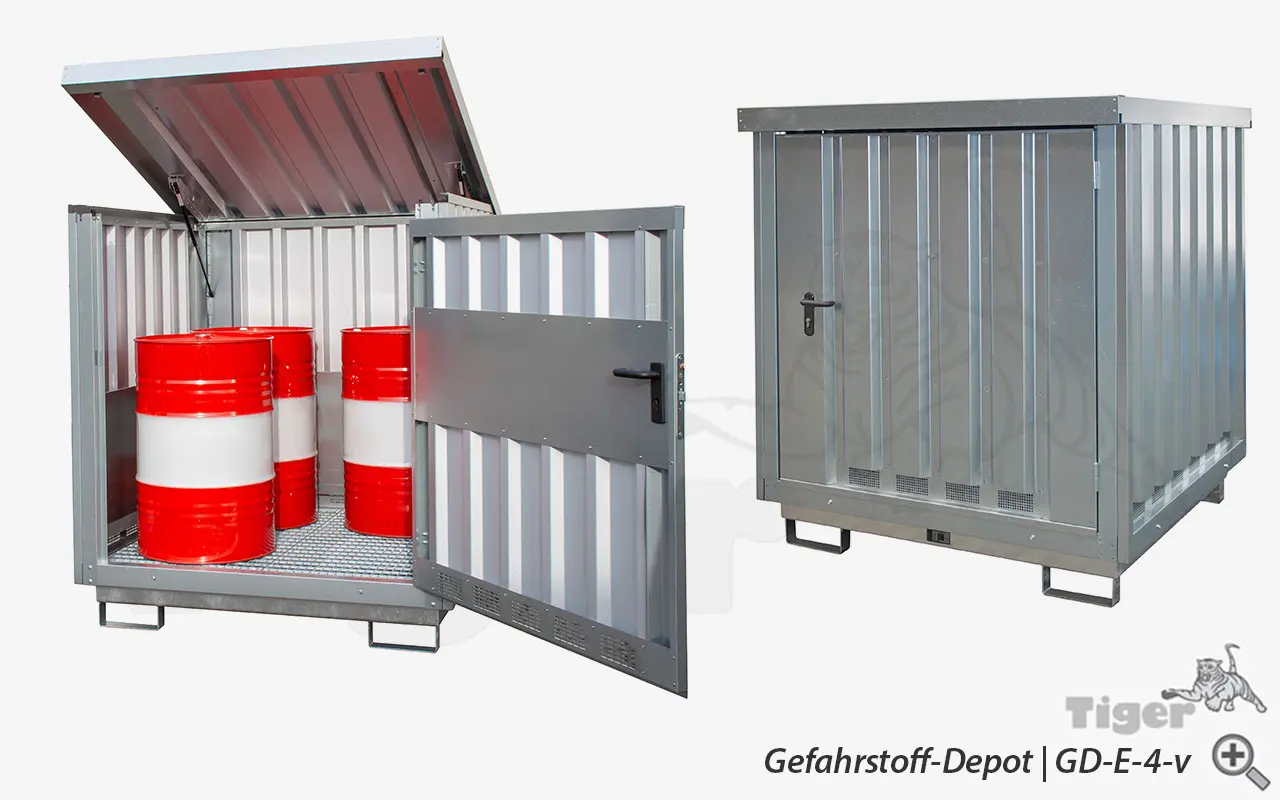 Produktbild von Gefahrstoff-Depots für 200 l Fässer, Kanister, Dosen, Eimer, mit Klappdach und feuerverzinkt gefahrstoff-depot-gd-e-4-v