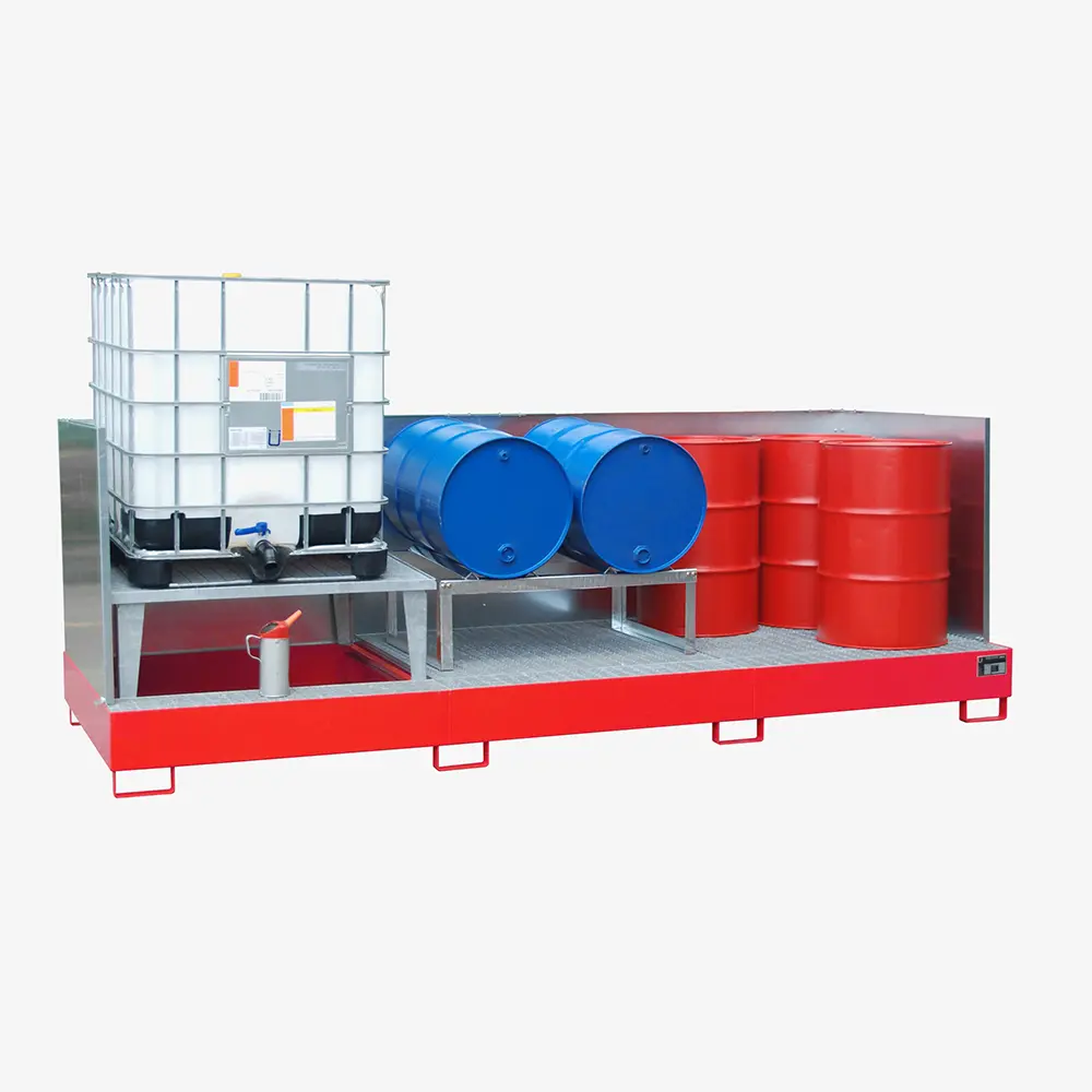 Auffangwanne mit Abfüllaufsatz für IBCs und Fässer – Stahlwanne zur Gefahrstoff-Lagerung
