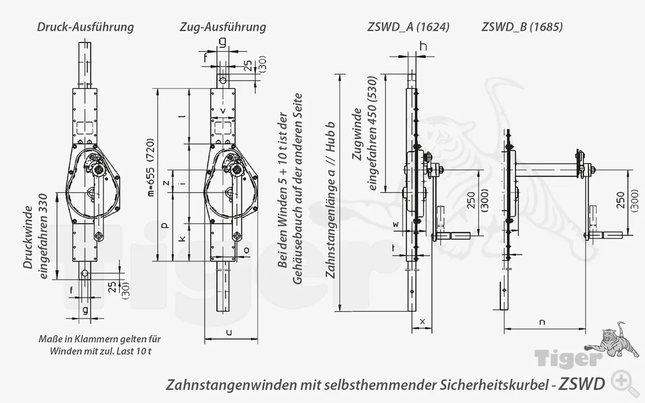 Zum Vergrößern anklicken Technisches Bild für zahnstangenwinden-zswd-1624-1685-zeichnung