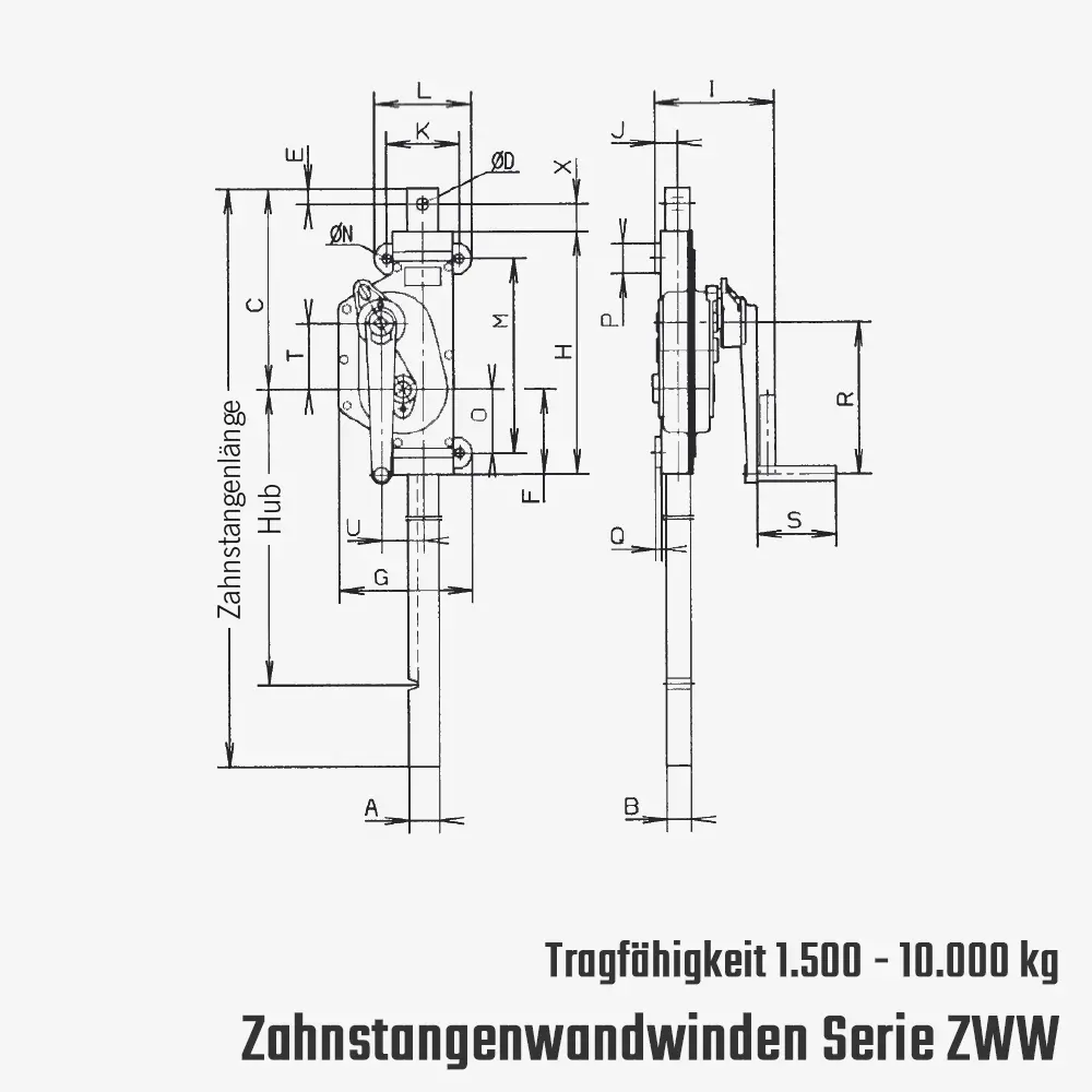 Technisches Bild von Zahnstangenwandwinde mit Stirnradgetriebe zum Heben, Senken, Ziehen und Drücken Technisches Bild für tigerhebezeuge-yale-pfaff-zahnstangen-wandwinden-mit-stirnradgetriebe-serie-ZWW-zeichnung