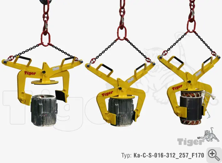 Produktbild von Tiger Sonder-Kettenzangen mit Prismenbacken und zentraler Abstützung zum Kran-Heben von z. B. Statoren Serie Sonder-KA-C-S tiger-ketten-hebezange-ka-c-s-016-312-257-f170-lastaufnahmemittel