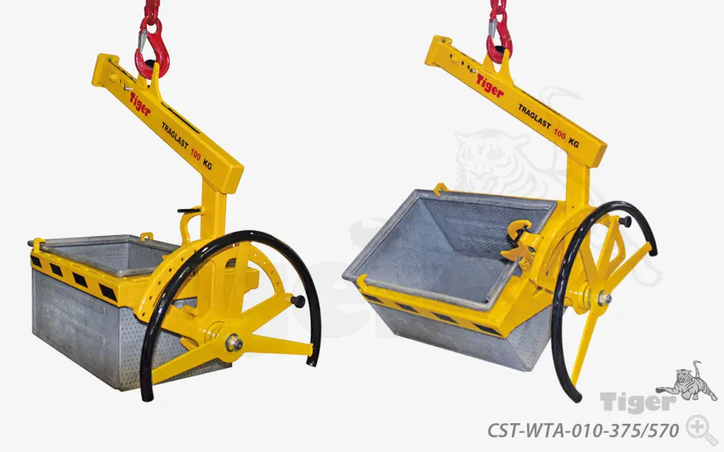 Produktbild von Tiger Sonder-Kastenwendegreifer zum Heben und Wenden von Metallkästen und Waschkörben Serie Sonder-CST-WTA-010-375-570 tiger-kisten-chaken-wendefunktion-cst-wta-010-375-570-2-1024x640