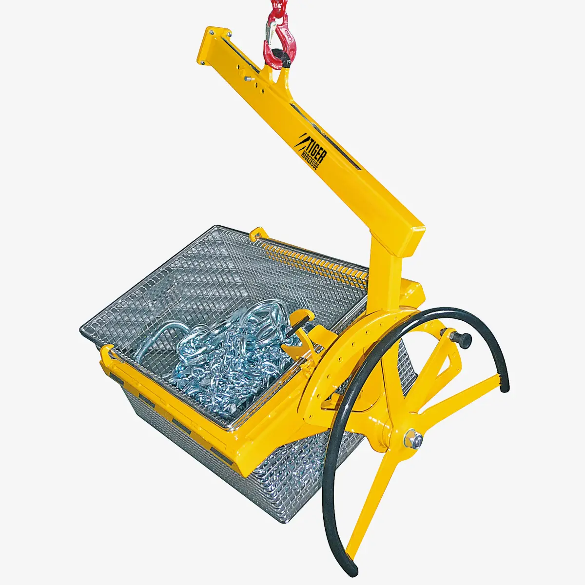 Produktbild von Gabel-C-Haken mit Handrad - Lagerkästen per Kran heben und entleeren tiger-kastenwendegreifer-serie-CST-WTA-kastengreifer