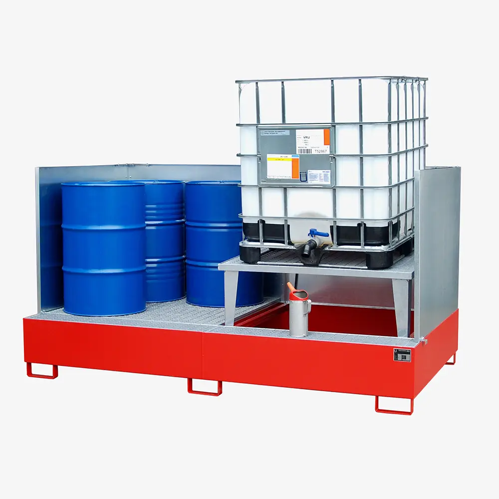 Auffangwanne mit Abfüllaufsatz für IBCs und Fässer – Stahlwanne zur Gefahrstoff-Lagerung