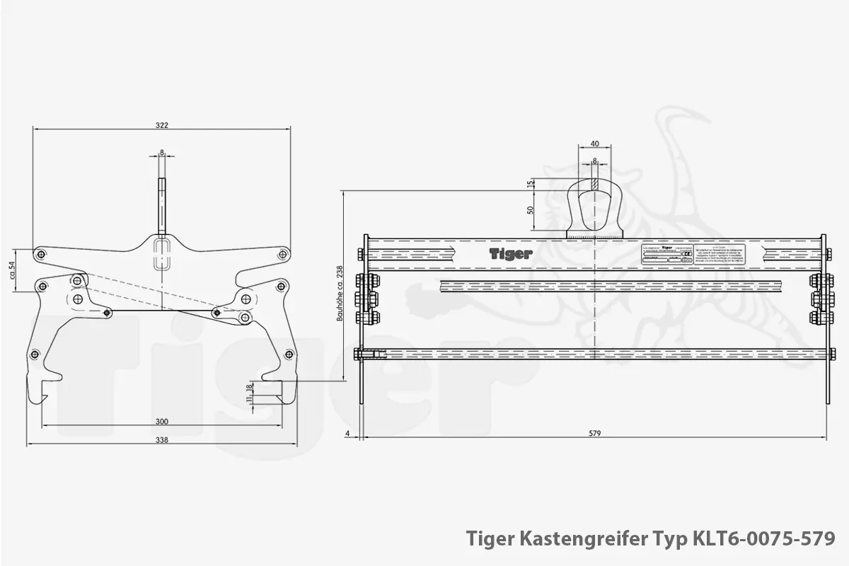 Technisches Bild von Tiger Kastengreifer für KLT-Behälter zum Kasten-Transport mit dem Kran Technisches Bild für tiger-kastengreifer-typ-klt6-0075-579-zeichnung