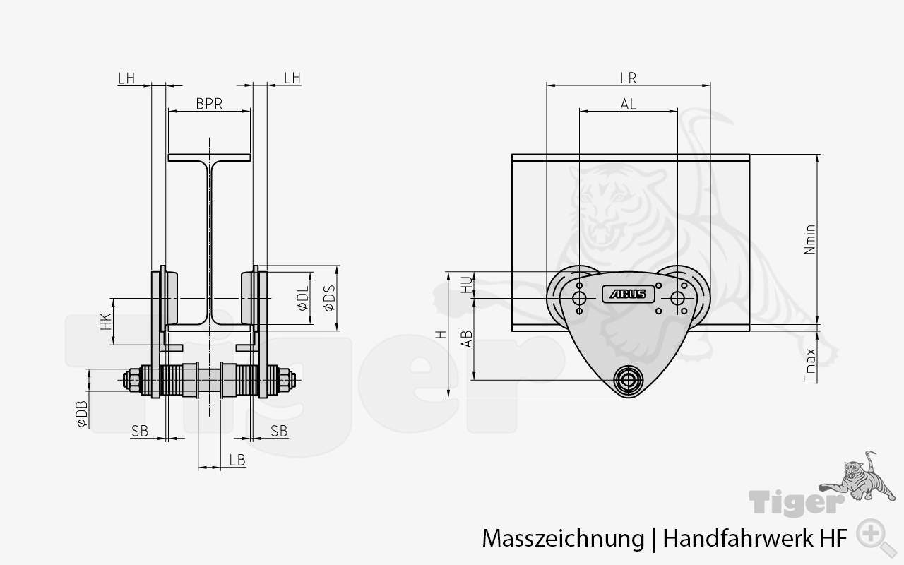 Technisches Bild von Abus Handfahrwerk für Abus Elektrokettenzüge Technisches Bild für abus-handfahrwerk-masszeichnung