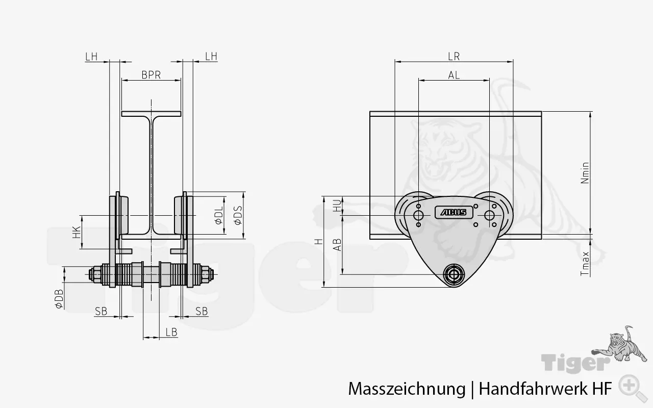 Technisches Bild von Abus Handfahrwerk für Abus Elektrokettenzüge Technisches Bild für abus-handfahrwerk-masszeichnung