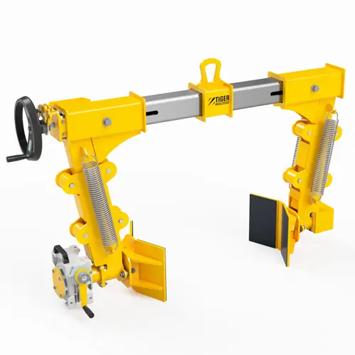 Produktbild von Tiger Spindelgreifer mit drehbaren Selbstspann-Prismenbacken und Getriebe zum Heben von Rundlasten Serie STD-K-SK-SG tiger-spindelgreifer-mit-selbstspannenden-greifbacken-getriebe-und-handrad-serie-STD-K-SK-SG