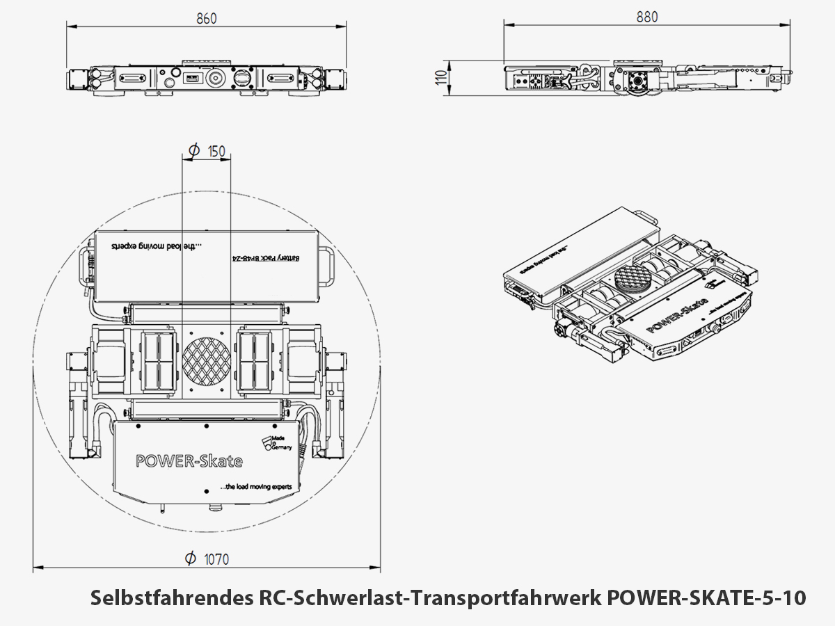 RC Schwerlast-Transportfahrwerk POWER-Skate mit Akku und Funk-Fernsteuerung
