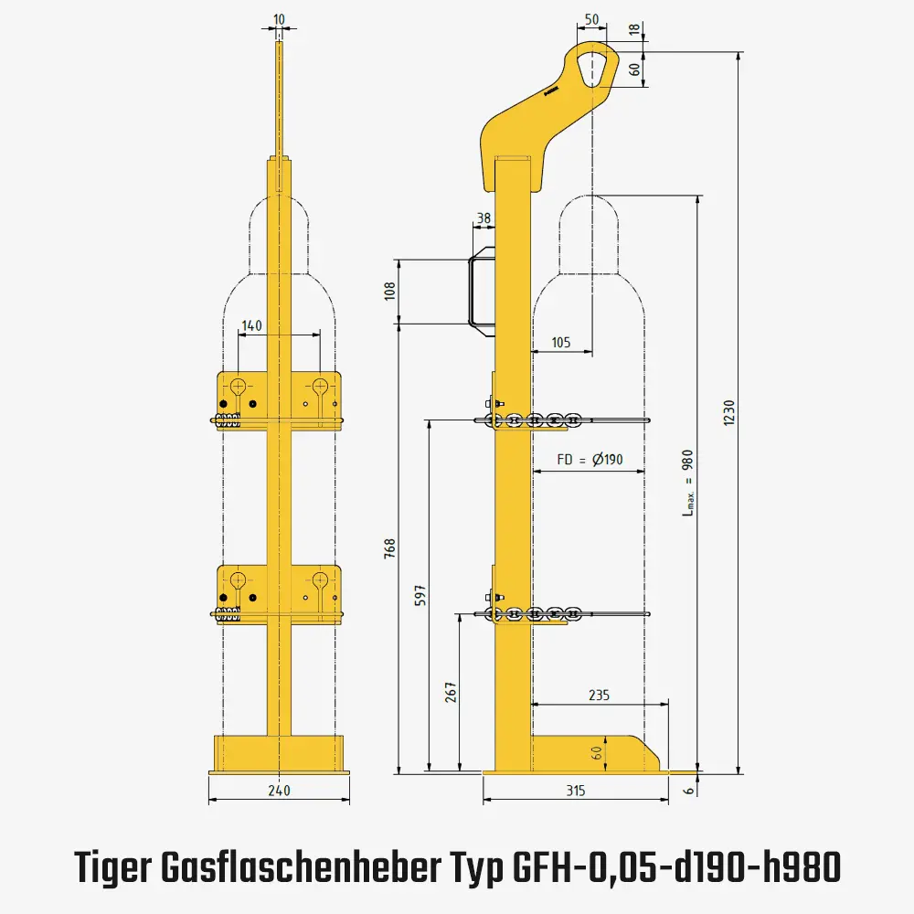 Tiger Gasflaschenheber zum Transport von Stahlflaschen mit dem Kran