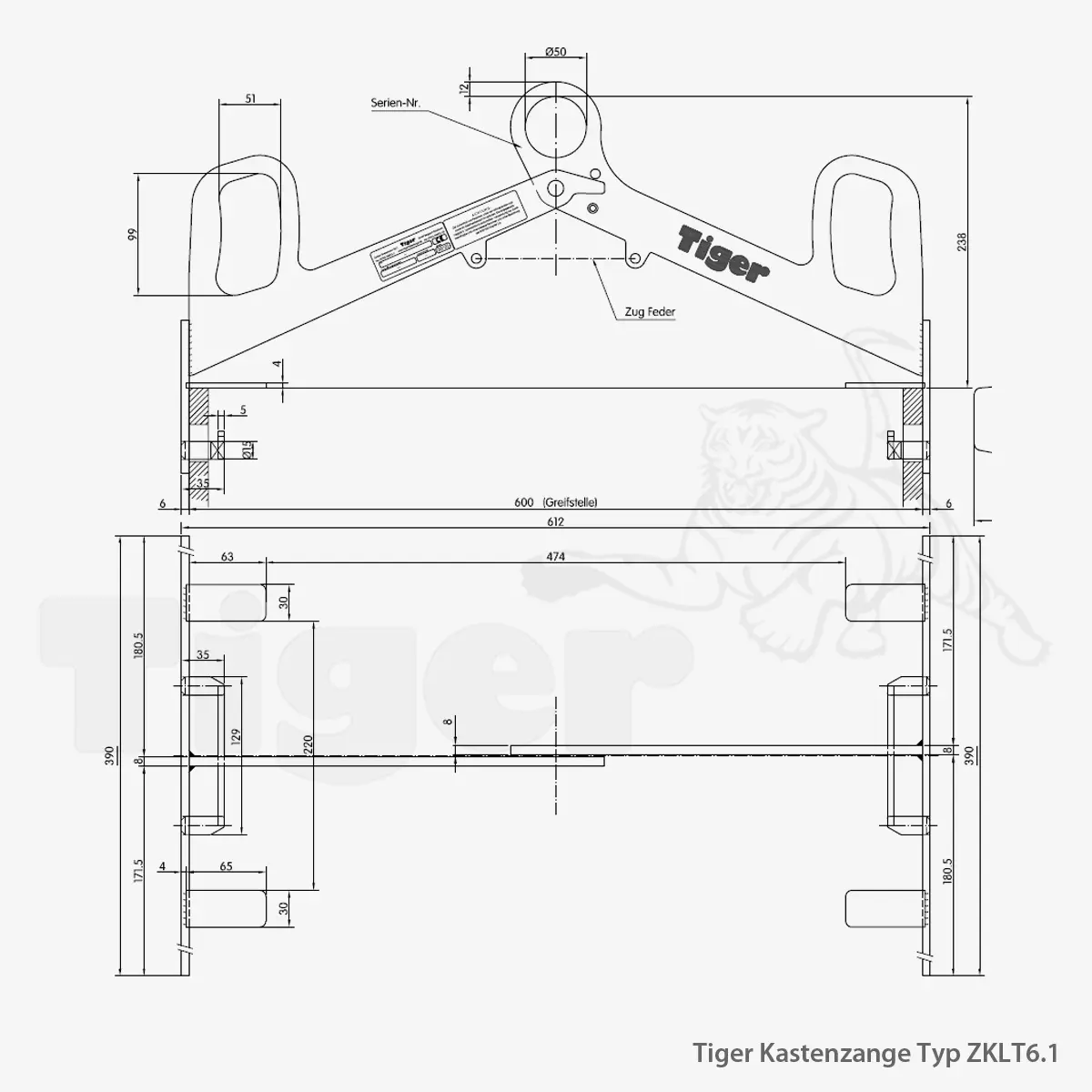 Technisches Bild von Tiger Kastenzange für KLT-Behälter zum Kasten-Transport im Kranbetrieb Technisches Bild für tiger-kastenzange-typ-zklt6.1-lastaufnahmemittel