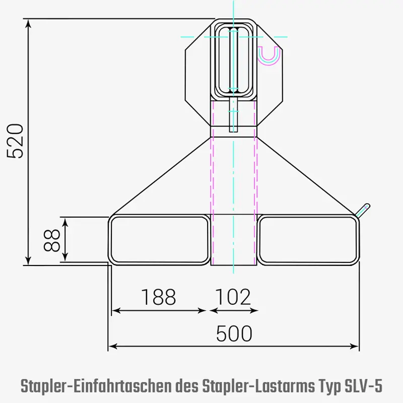 Technisches Bild von Stapler-Lastarm, teleskopierbar - Ausziehbare Stapler-Teleskoplader mit 2 Wirbellasthaken Technisches Bild für tigerhebezeuge-stapleranbaugeraete-teleskop-staplerlastarm-typ-SLV-5-abmessungen-staplertaschen