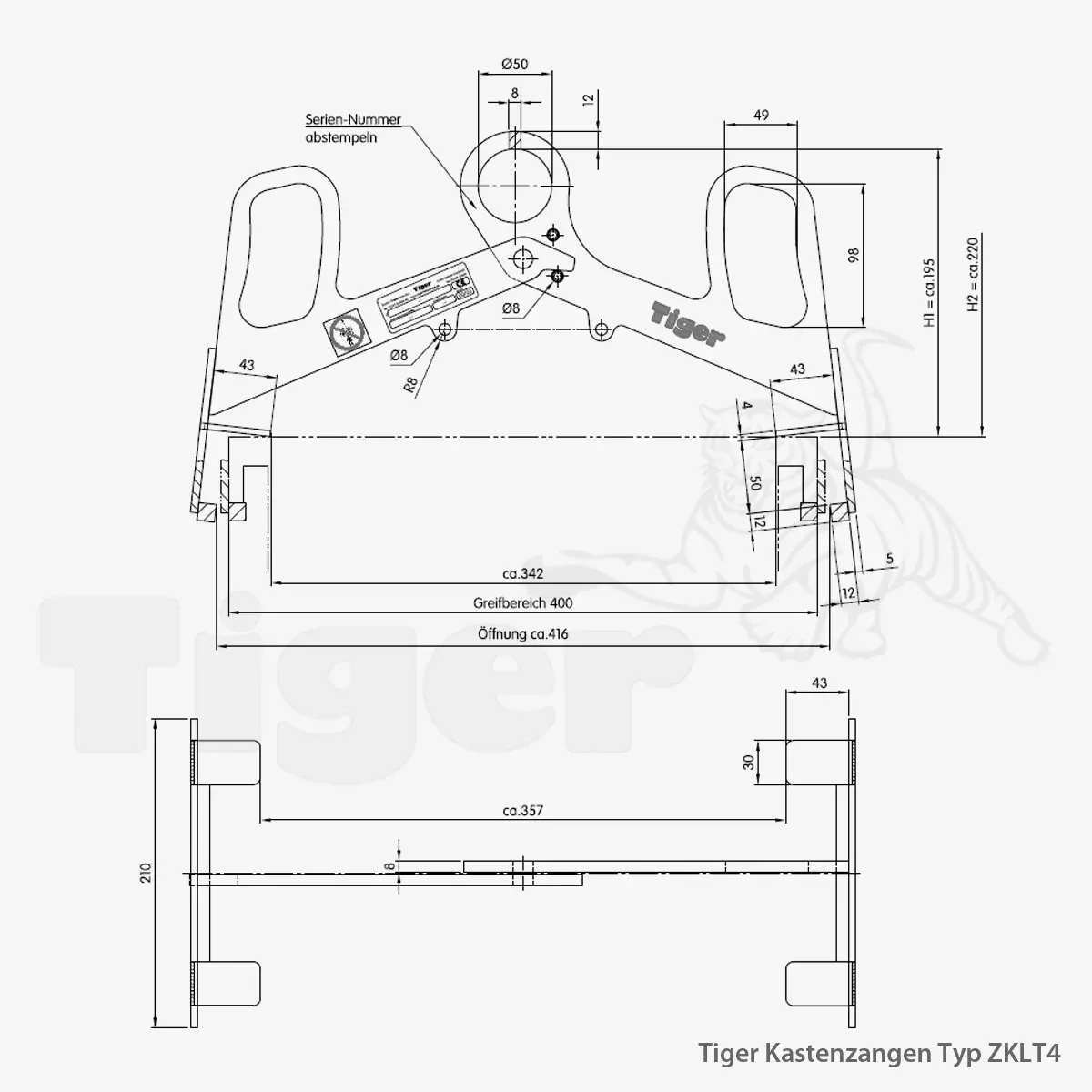 Technisches Bild von Tiger Kastenzange für KLT-Behälter zum Kasten-Transport im Kranbetrieb Technisches Bild für tiger-kastenzange-typ-zklt4-lastaufnahmemittel