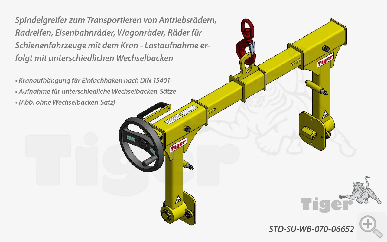 Produktbild von Tiger Sonder-Spindelgreifer zum formschlüssigen Transport und Wenden von Rädern für Schienenfahrzeuge Serie Sonder-STD-SU-WB spindelgreifer-std-su-wb-070-06652-stahlradreifen