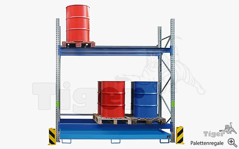 Technisches Bild von Regalwanne – Auffangwanne für Regalsysteme zur vorschriftsmäßigen Lagerung von Gefahrstoffen Technisches Bild für palettenregale-mit-regalwanne-1
