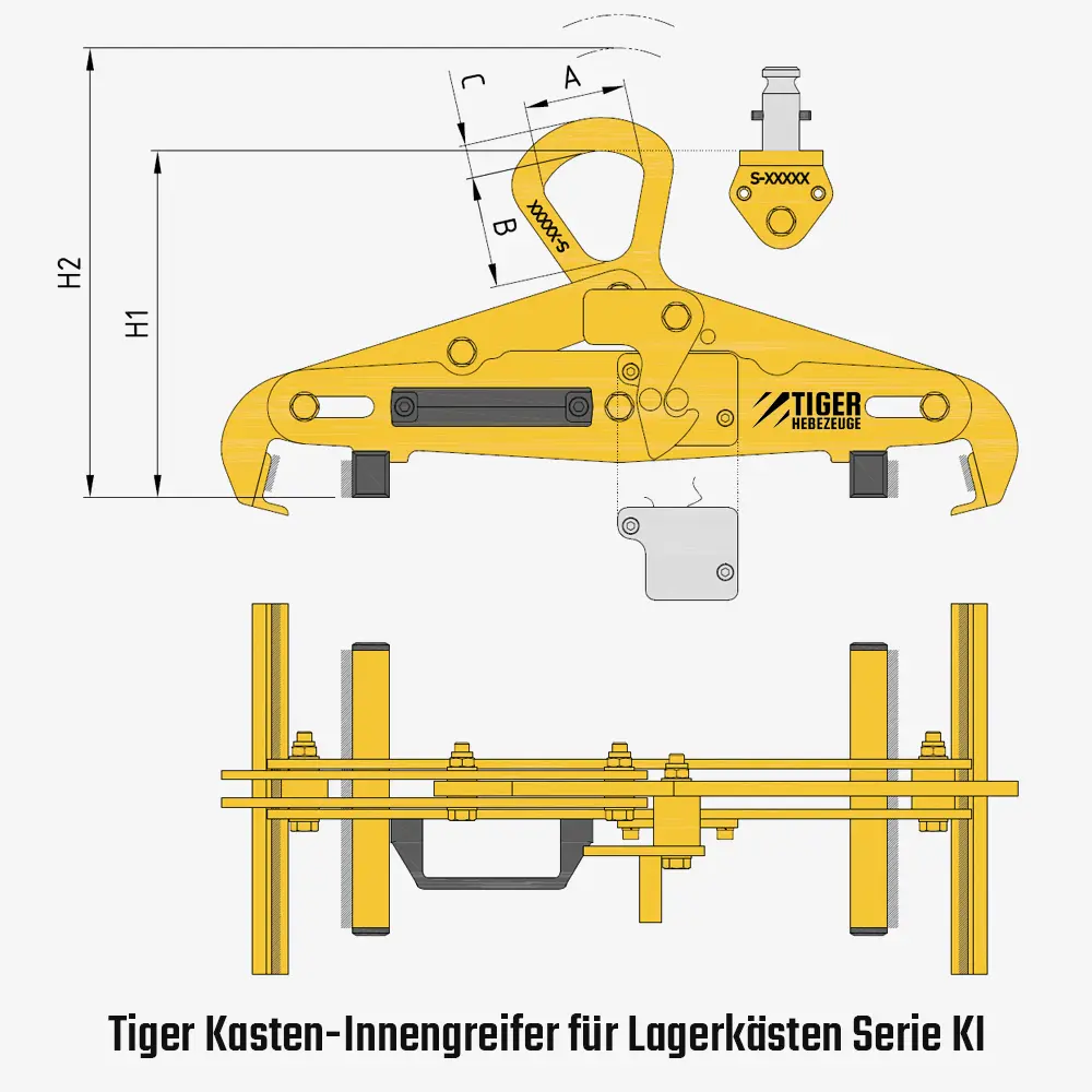 Tiger Kastengreifer Tiger zum Kran-Heben von Sichtlagerkästen aus Stahlblech