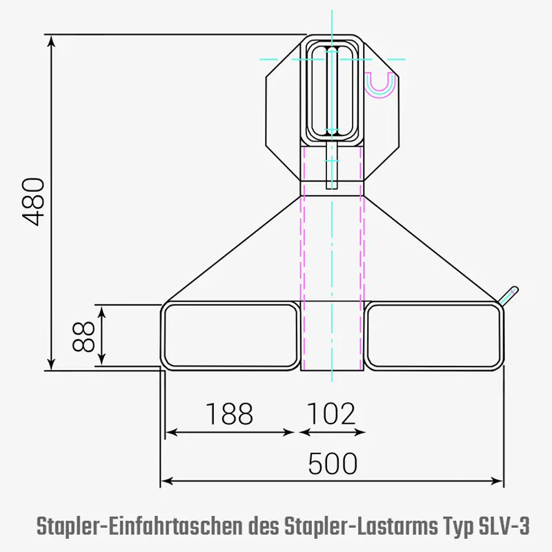 Technisches Bild von Stapler-Lastarm, teleskopierbar - Ausziehbare Stapler-Teleskoplader mit 2 Wirbellasthaken Technisches Bild für tigerhebezeuge-stapleranbaugeraete-teleskop-staplerlastarm-typ-SLV-3-abmessungen-staplertaschen