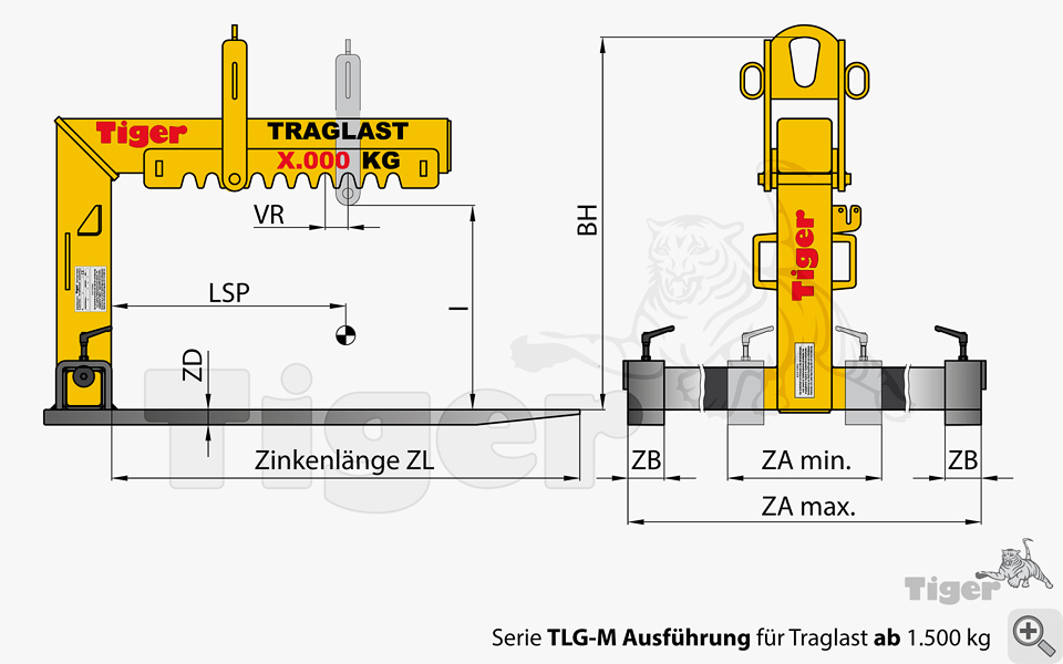Technisches Bild von Tiger Krangabeln mit langen Gabelzinken und stufenlos verstellbaren Zinken Technisches Bild für kran-ladegabel-tlg-m-zeichnung-4