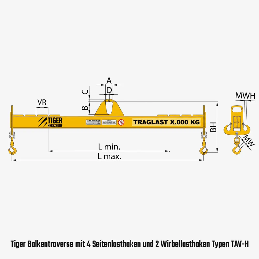 Tiger Balkentraverse mit Wirbellasthaken, Seitenhaken oder Schäkel, verstellbar
