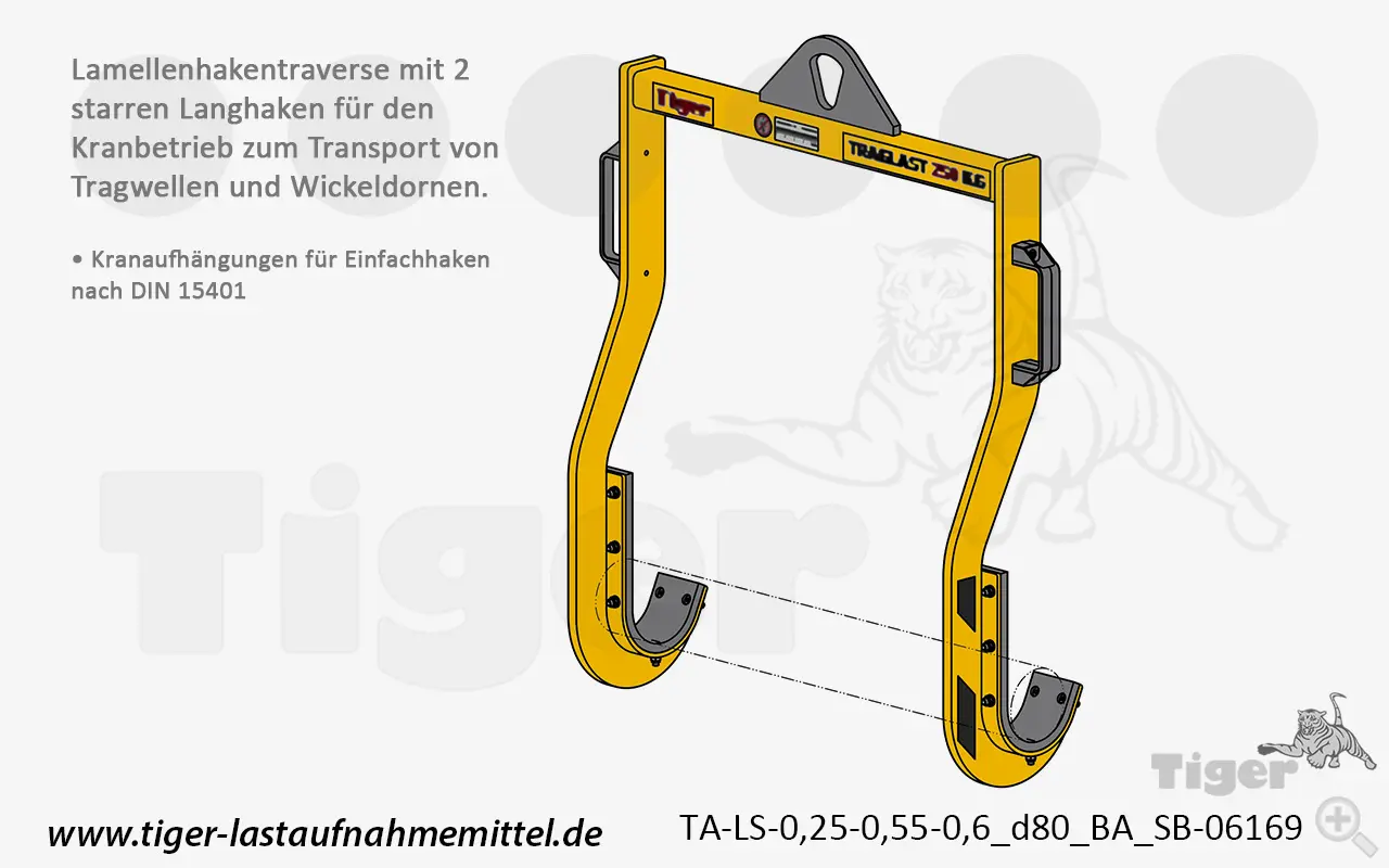 Produktbild von Tiger Sonder-Lamellenhakentraverse mit Langhaken zum Transport von Tragwellen und Wickeldornen per Kran Serie Sonder-TA-LS-0,25-BA-SB tiger-langhakentraverse-ta-ls-0-25-0-55-0-6-d80-ba-sb-06169