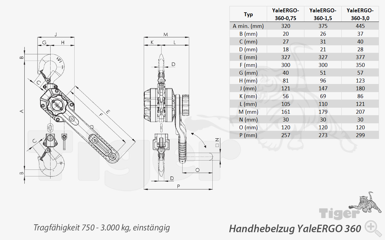 Zum Vergrößern anklicken Technisches Bild für ratschenzuege-yaleergo360-zeichnung-0-75-3t