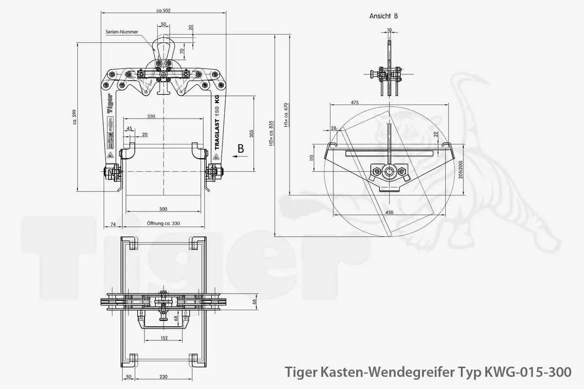 Technisches Bild von Kasten-Wendegreifer - Blech-Lagerkästen per Kran heben und entleeren Technisches Bild für tiger-kastenwendegreifer-typ-kwg-015-300-zeichnung
