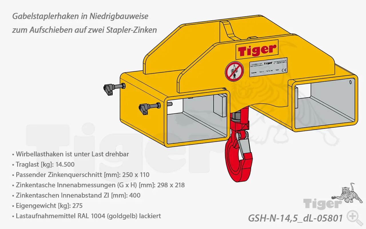 Produktbild von Tiger Sonder-Staplerhaken in Niedrigbauweise mit unter Last drehbarem Wirbllasthaken, doppelt Serie Sonder-GSH-N-DL tiger-staplerhaken-gsh-n-14-5-dl-05801