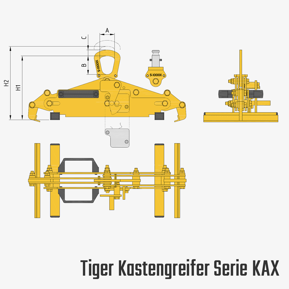 Tiger Kastenaußengreifer - Tiger Kastengreifer zum Kranen von Kunststoffkisten