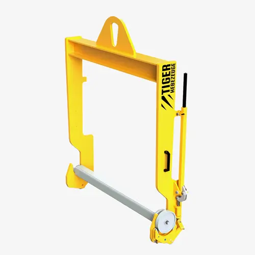 Produktbild von Tiger Sonder-Langhakentraverse mit Bremse zum Kran-Transport und Abtrommeln von Rollen und Kabeltrommeln Serie Sonder-TA-LS tiger-sonder-lammellenhaken-krantraverse-mit-bremse-serie-SONDER-TA-LS