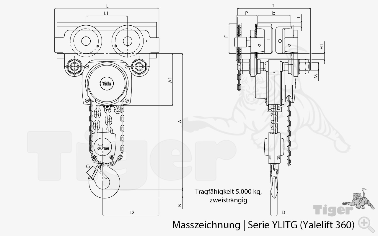 Technisches Bild von Yale Stirnradflaschenzug Yalelift360 mit Haspelfahrwerk und 360 Grad Kettenführung Technisches Bild für stirnradflaschenzug-haspelfahrwerk-yale-ylitg-5000kg