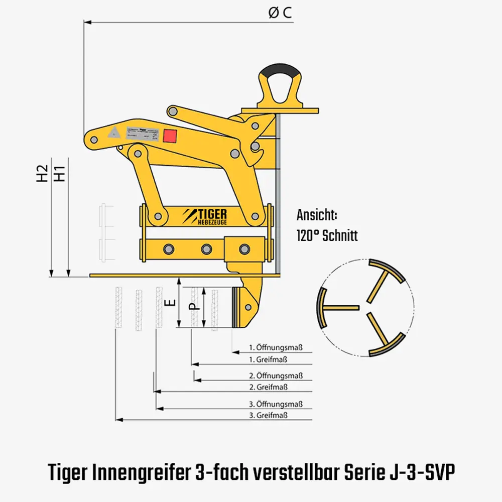 3-Arm-Innengreifer mit verstellbarem Greifbereich - Tiger Hebegreifer