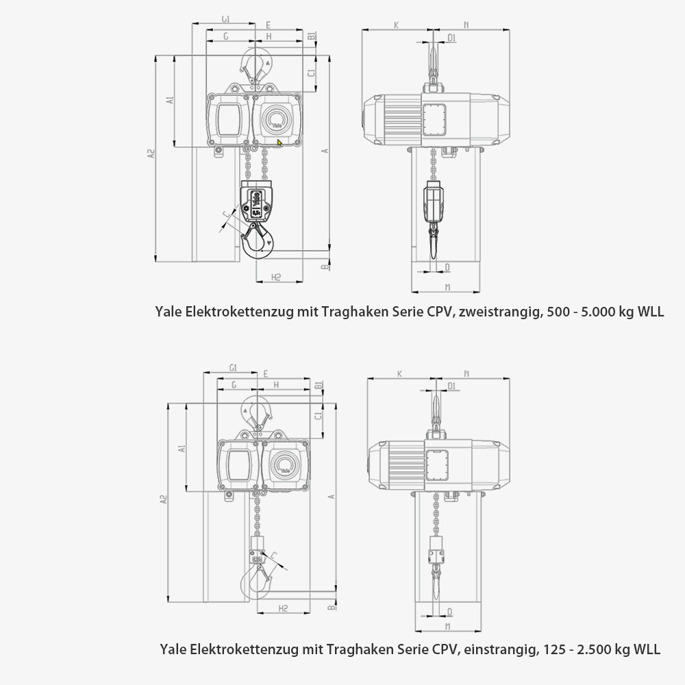 Zum Vergrößern anklicken Technisches Bild für tigerhebezeuge-yale-elektrokettenzug-elektrischer-kettenzug-fuer-400v-serie-CPV-zeichnung