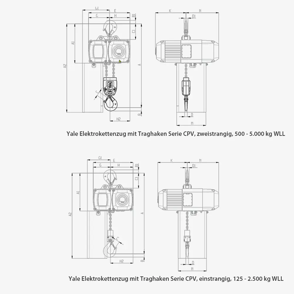 Zum Vergrößern anklicken Technisches Bild für tigerhebezeuge-yale-elektrokettenzug-elektrischer-kettenzug-fuer-400v-serie-CPV-zeichnung