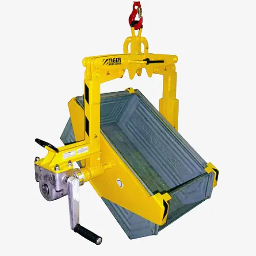 Produktbild von Tiger Kastenwendegreifer mit Kurbelgetriebe zum Heben und Leeren von Sichtlagerkästen Serie KWGF-SG tiger-kasten-wendegreifer-fuer-lagersichtkaesten-serie-KWGF-SG