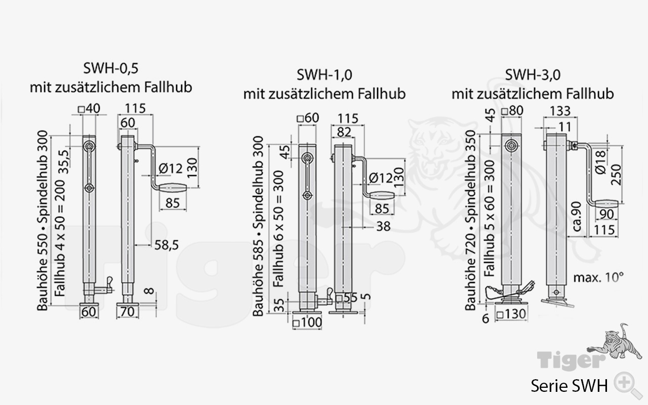 Technisches Bild von Spindelwinden mit Fußplatte zum Abstützen und Verschieben von Lasten - mit und ohne Fallhub Technisches Bild für spindelwinde-swh-zeichnung
