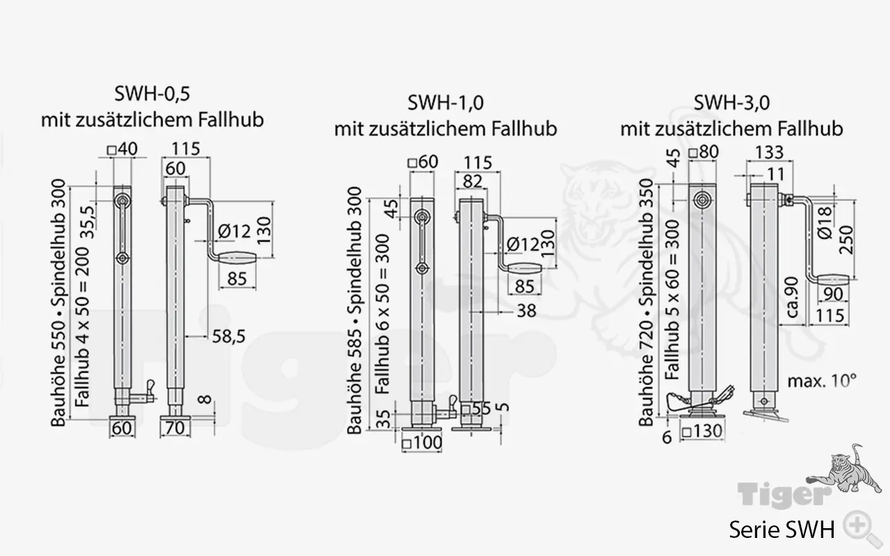 Technisches Bild von Spindelwinden mit Fußplatte zum Abstützen und Verschieben von Lasten - mit und ohne Fallhub Technisches Bild für spindelwinde-swh-zeichnung