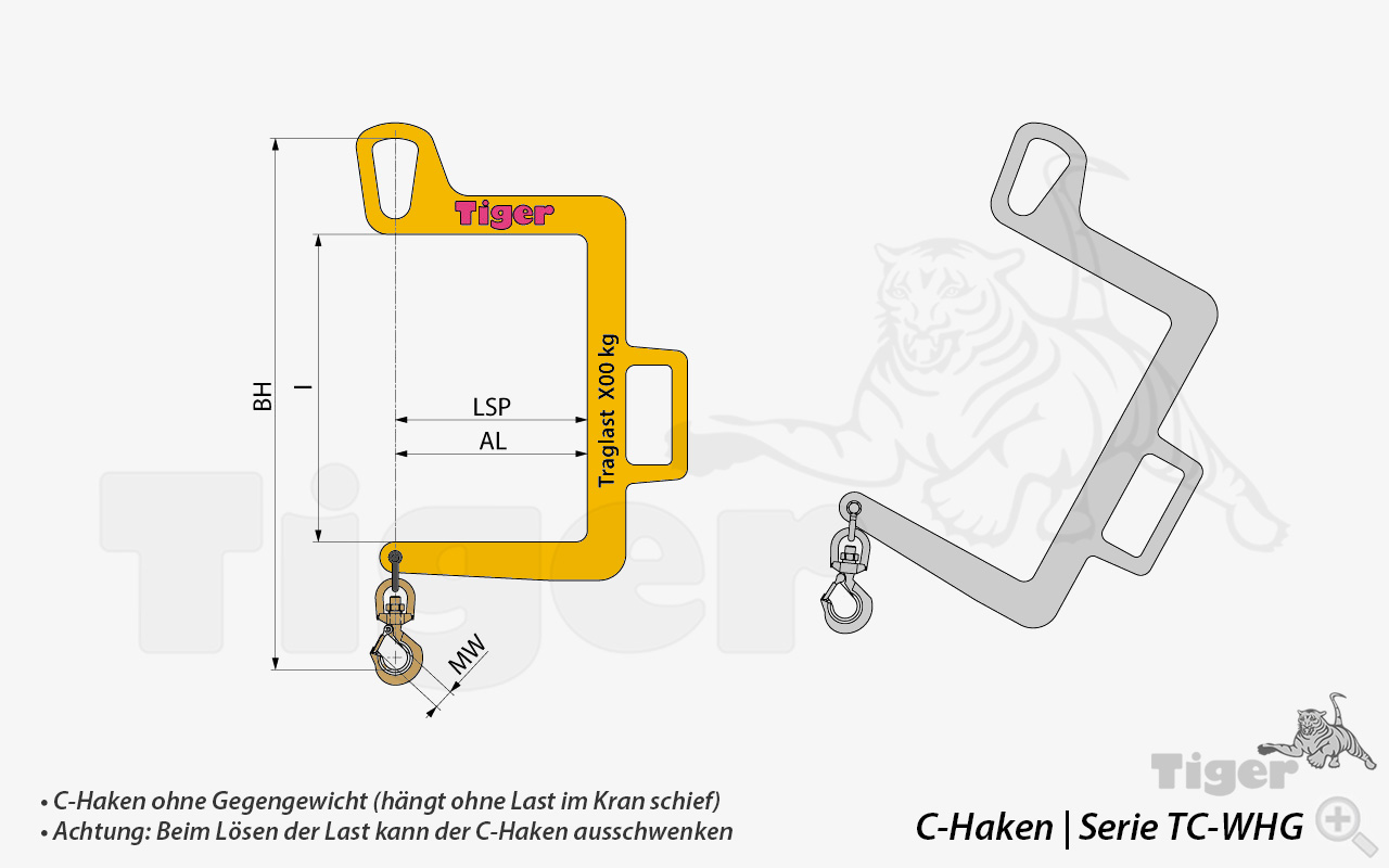 Technisches Bild von Tiger C-Haken mit Lasthaken zur Aufnahme von Lasten aus Maschinen Technisches Bild für c-haken-tc-whg-zeichnung