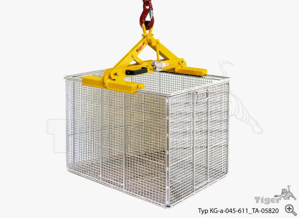 Produktbild von Tiger Sonder-Kastengreifer mit Taktautomatik zum Transport von Metallform-Drahtkörben Serie Sonder-KG-a-TA tiger-kastengreifer-kg-a-lastaufnahmemittel-04