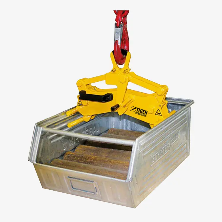 Produktbild von Kastengreifer Tiger zum Kran-Heben von Sichtlagerkästen aus Stahlblech tiger-kastengreifer-hebegreifer-fuer-lagerkaesten-aus-stahlblech-serie-Ki
