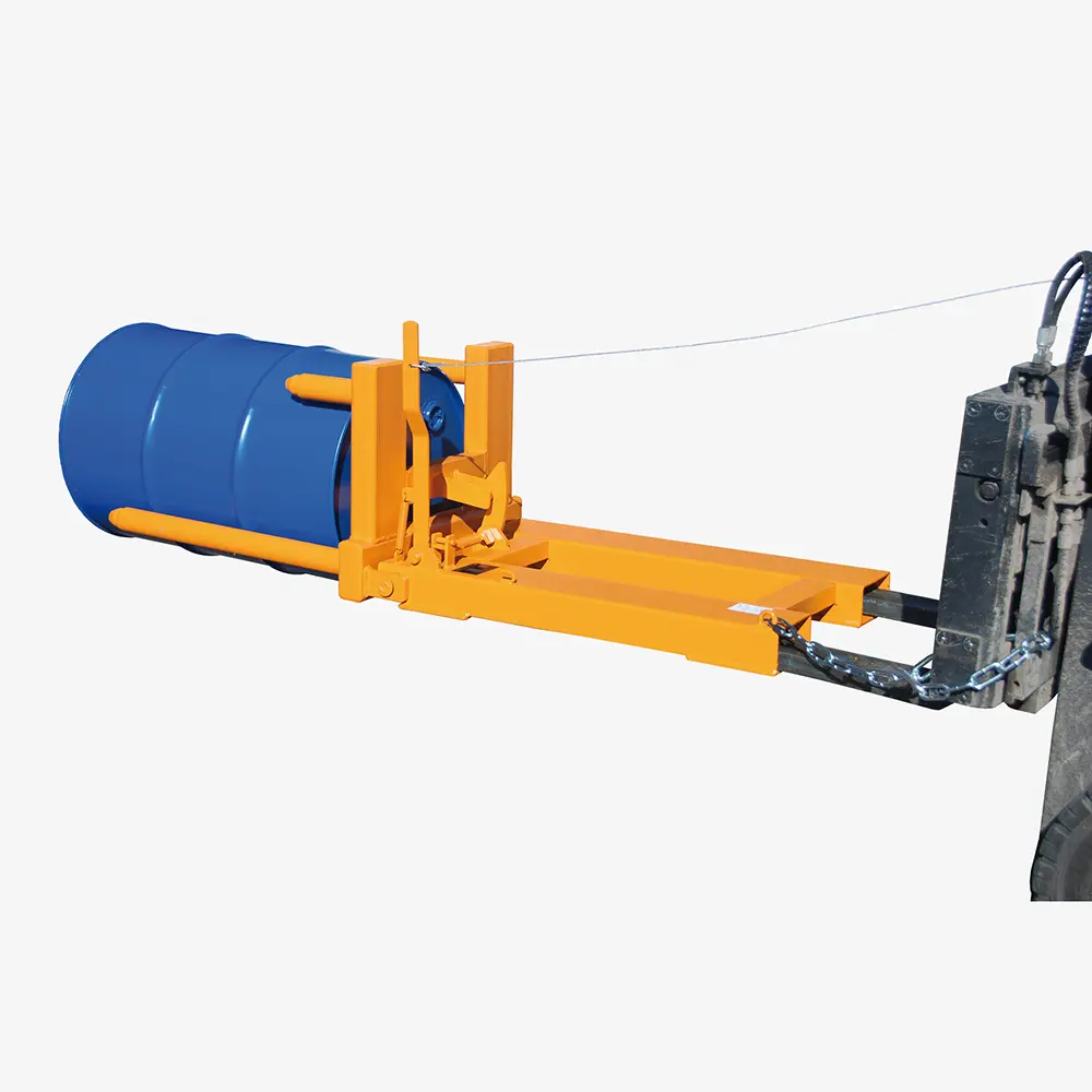 Fasswender für Stapler zum Aufrichten und Hinlegen für 1 - 2 Stahl-Spundfässern und Rollreifenfässer
