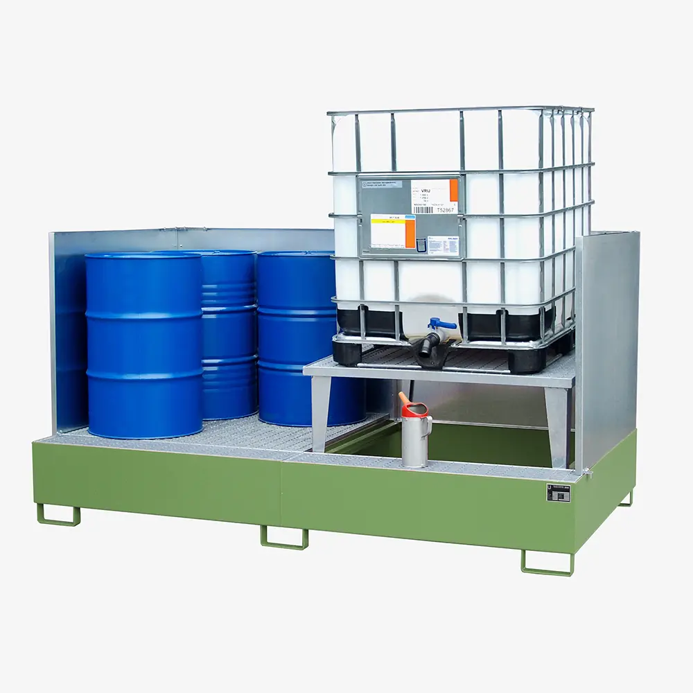 Auffangwanne mit Abfüllaufsatz für IBCs und Fässer – Stahlwanne zur Gefahrstoff-Lagerung
