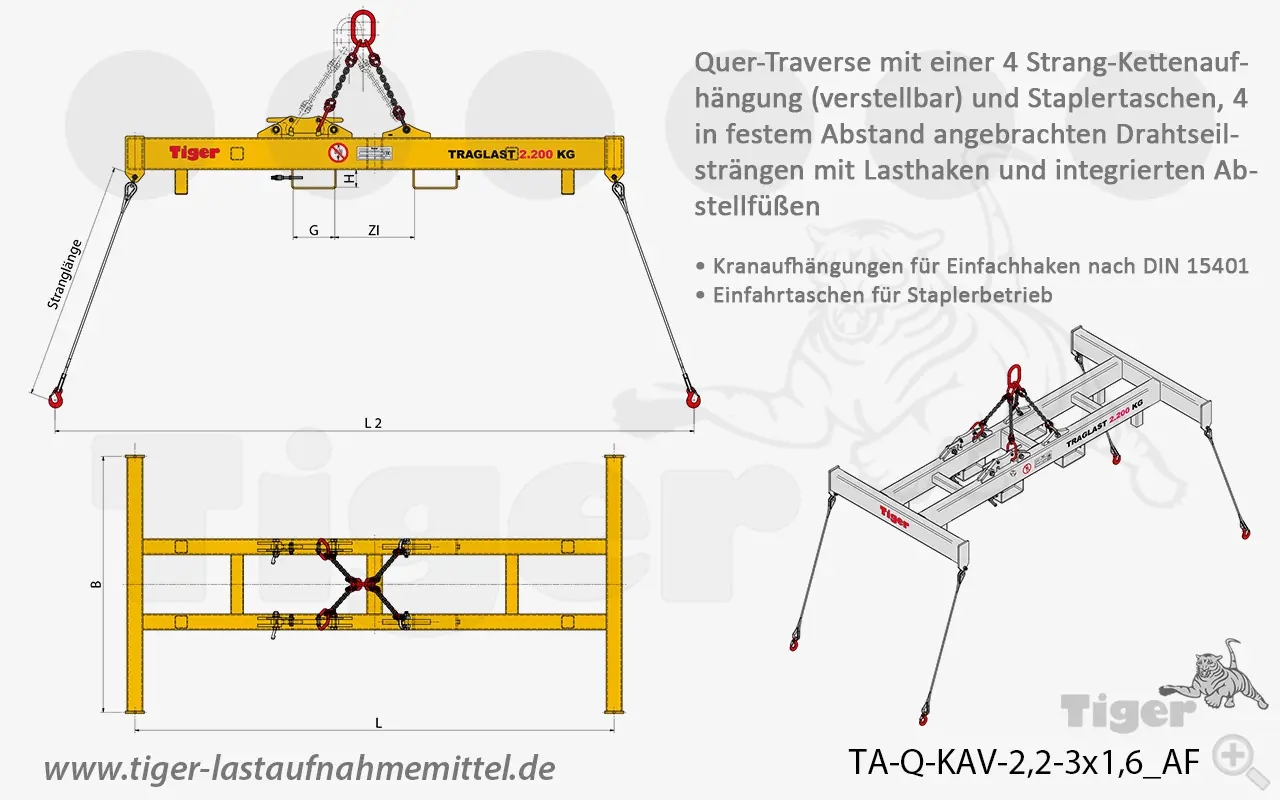 Produktbild von Tiger Sonder-Quer-Traverse mit Kettenaufhängung, 4 Drahtseilen mit Lasthaken und Abstellfüßen Serie Sonder-TA-Q-KAV tiger-quertraverse-kav-2-2-3x1-6-af