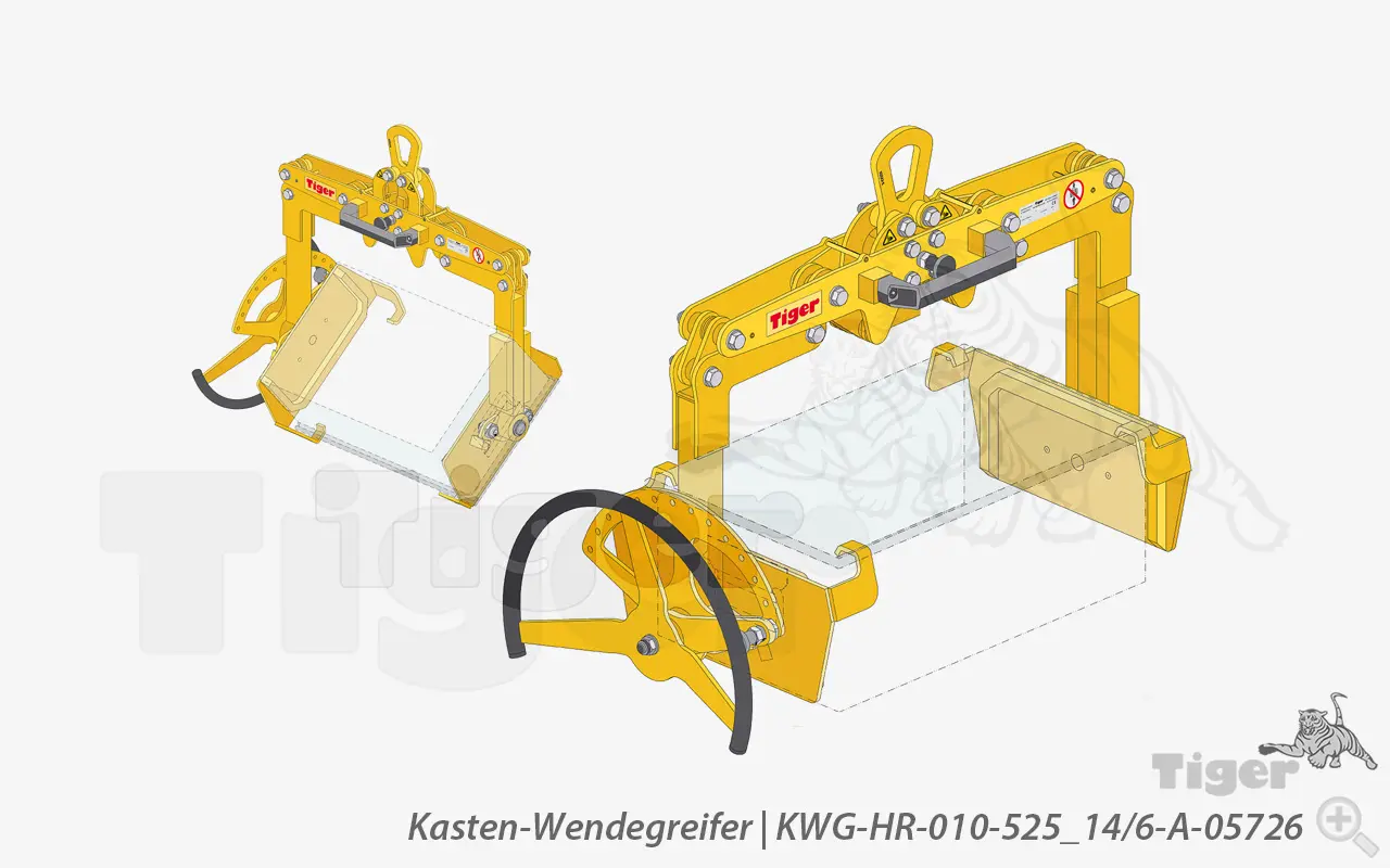 Produktbild von Tiger Sonder-Kasten-Wendegreifer zum Heben und Entleeren von Stahl-Stapelkästen per Kran Serie Sonder-KWG-HR-A tiger-kasten-wendegreifer-kwg-hr-010-525-14-6-a-05726
